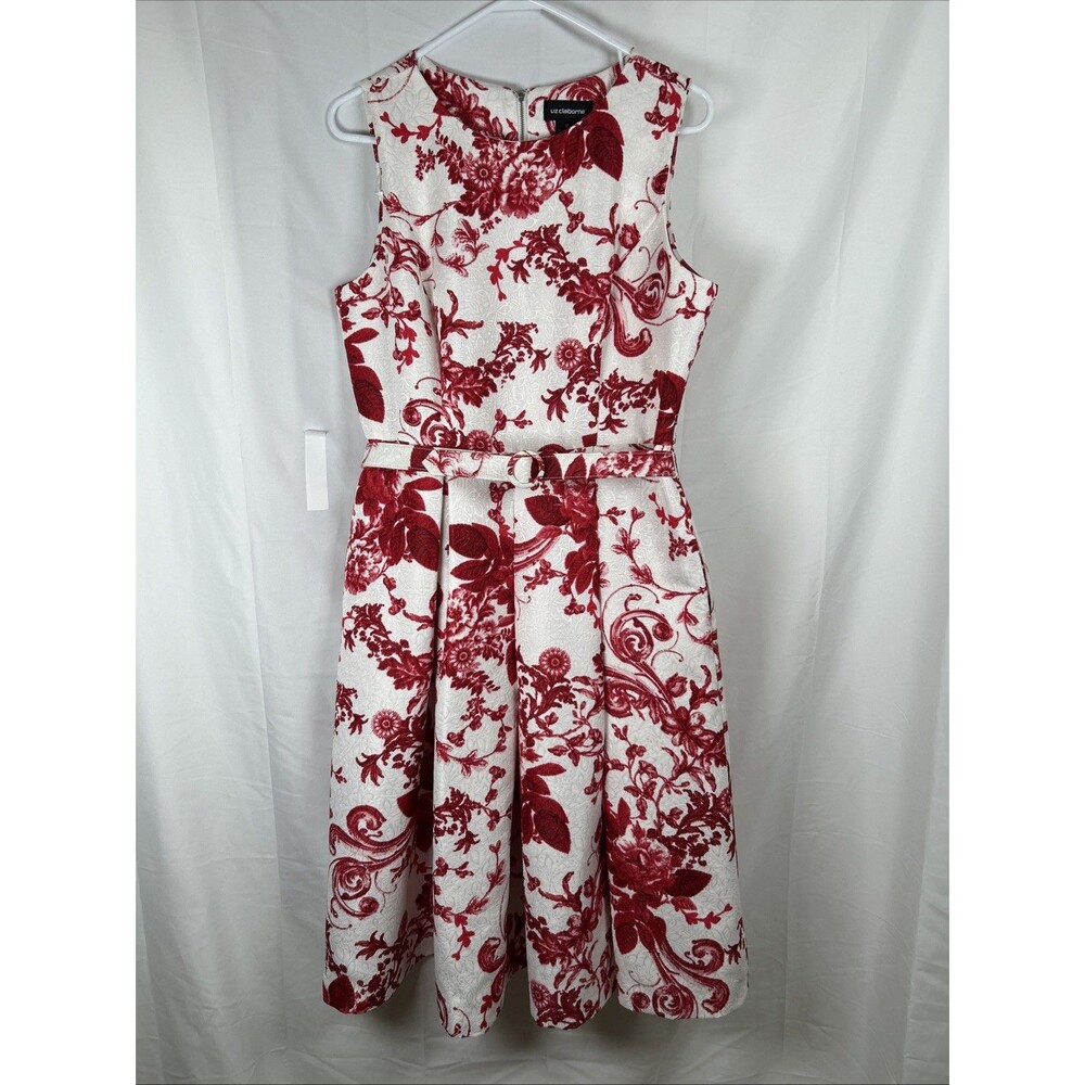 Liz Claiborne Red & White Floral Midi Dress Women's 10 Belted Sleeveless